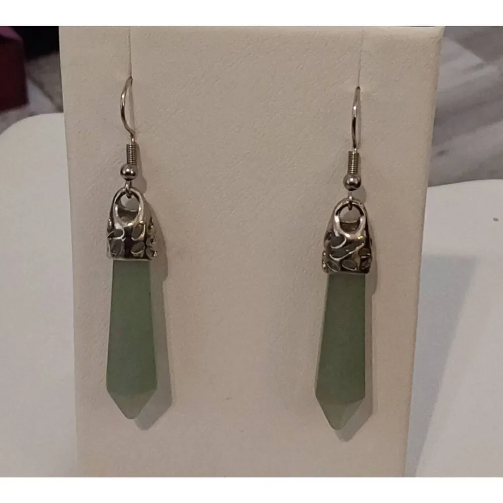 New~Green Adventurine Gemstone Chakra Healing French Wire Dangle Earrings